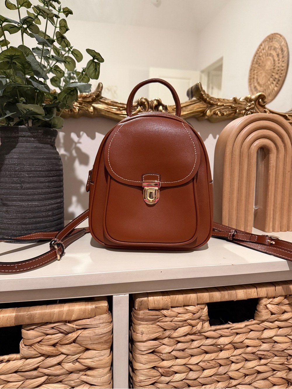 Structured Mini Backpack in Warm Brown with Gold Hardware